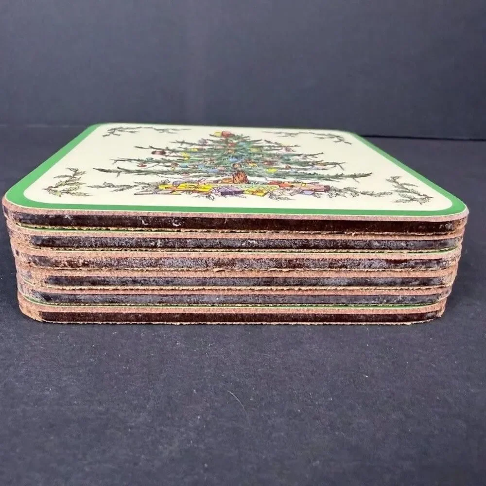 Set of 6 Spode Christmas Tree Cork/Acrylic Finish 4.25 in Coasters, Made England